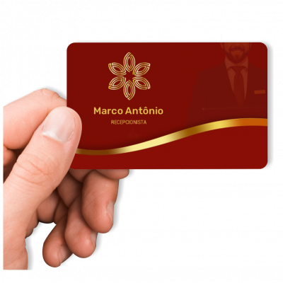 cartão de visita eletrônico aproximação recepcionista de hotel, vermelho e dourado elegente, cartão sem contato nfc e qr code